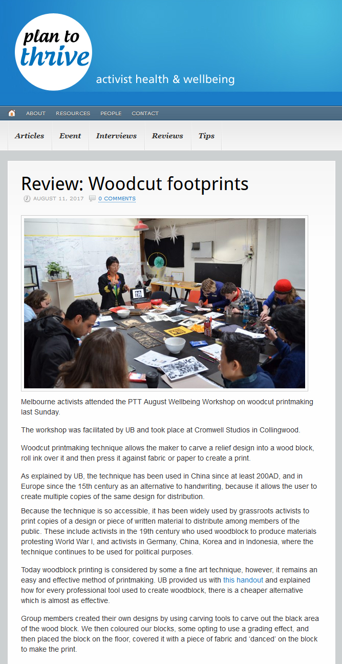 Plan To Thrive-Workshop: Art And Activism-Woodcut Foot Prints (Review)